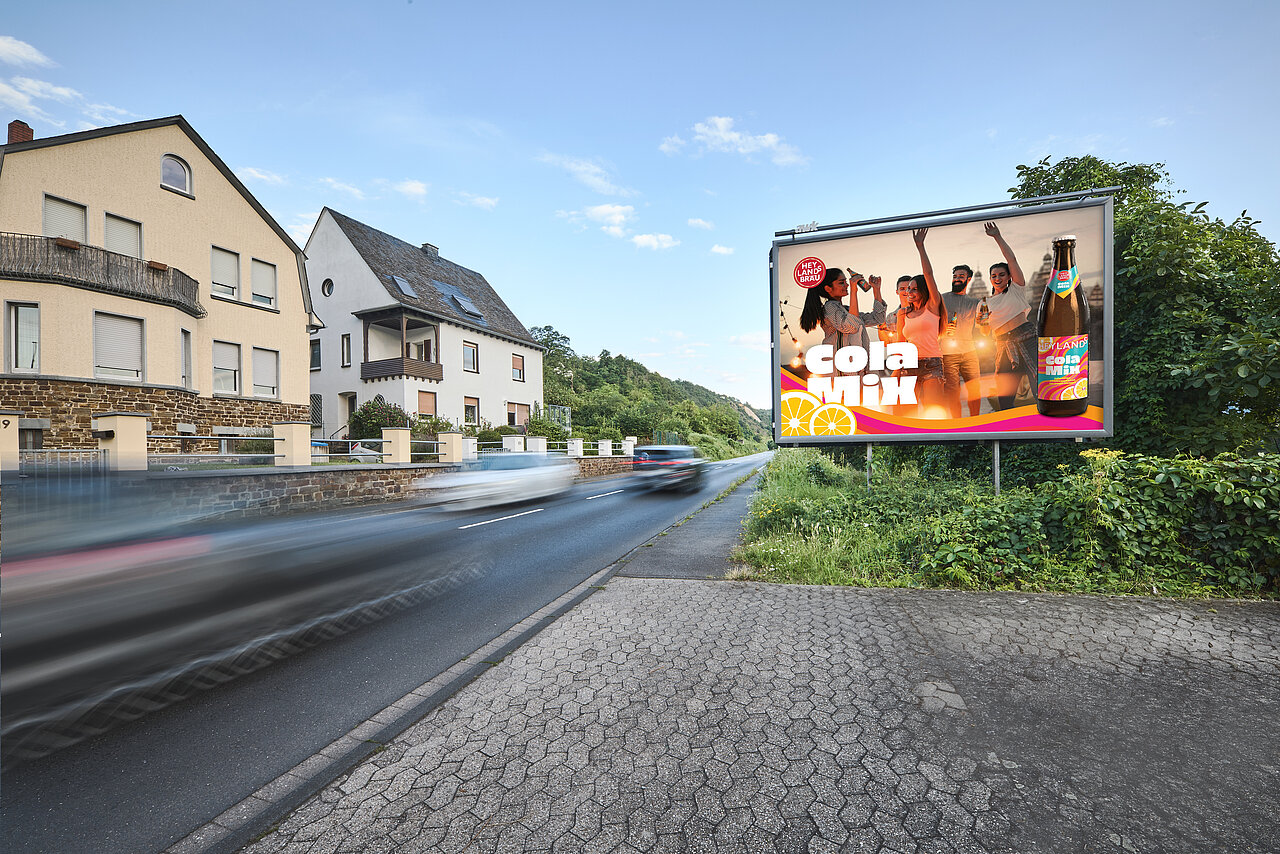 Ein Großplakat, errichtet auf der Einfahrt eines Grundstücks, welches sich an einer stark befahrenen Straße befindet.