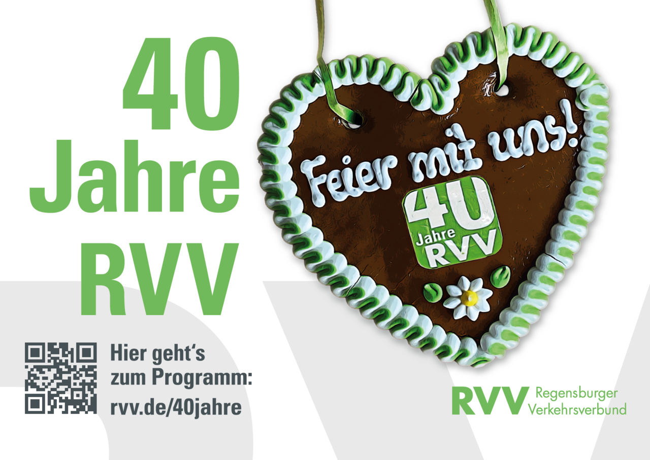Das Plakatmotiv zeigt ein Lebkuchenherz mit der Aufschrift "Feier mit uns". Links daneben steht der Titel: "40 Jahre RVV"