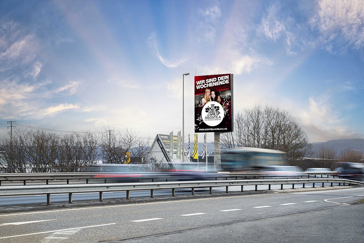 Digitaler Tower in Koblenz an der B9 stadteinwärts - Kampagne Agostea Digitaler Tower in Koblenz an der B9