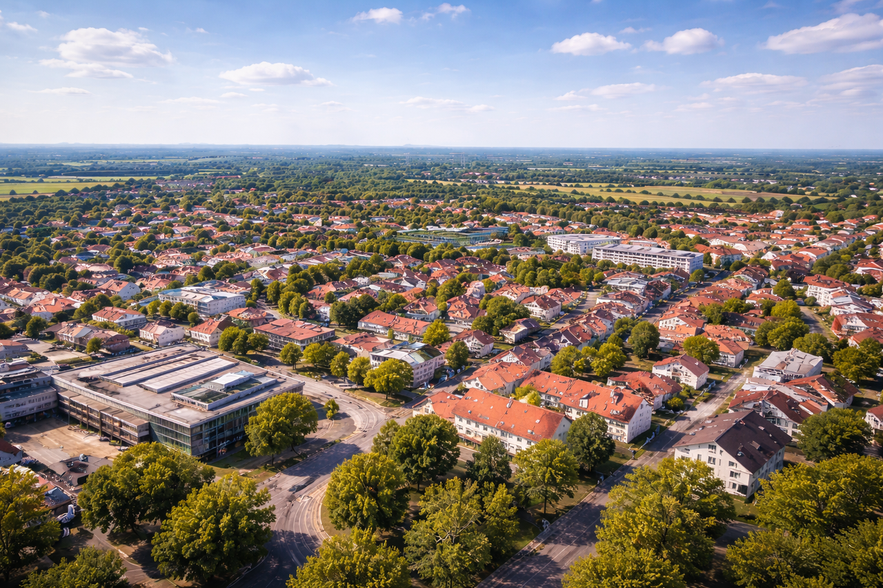Stadtansicht von Viernheim mit blauem Himmel und vereinzelten kleinen Wolken