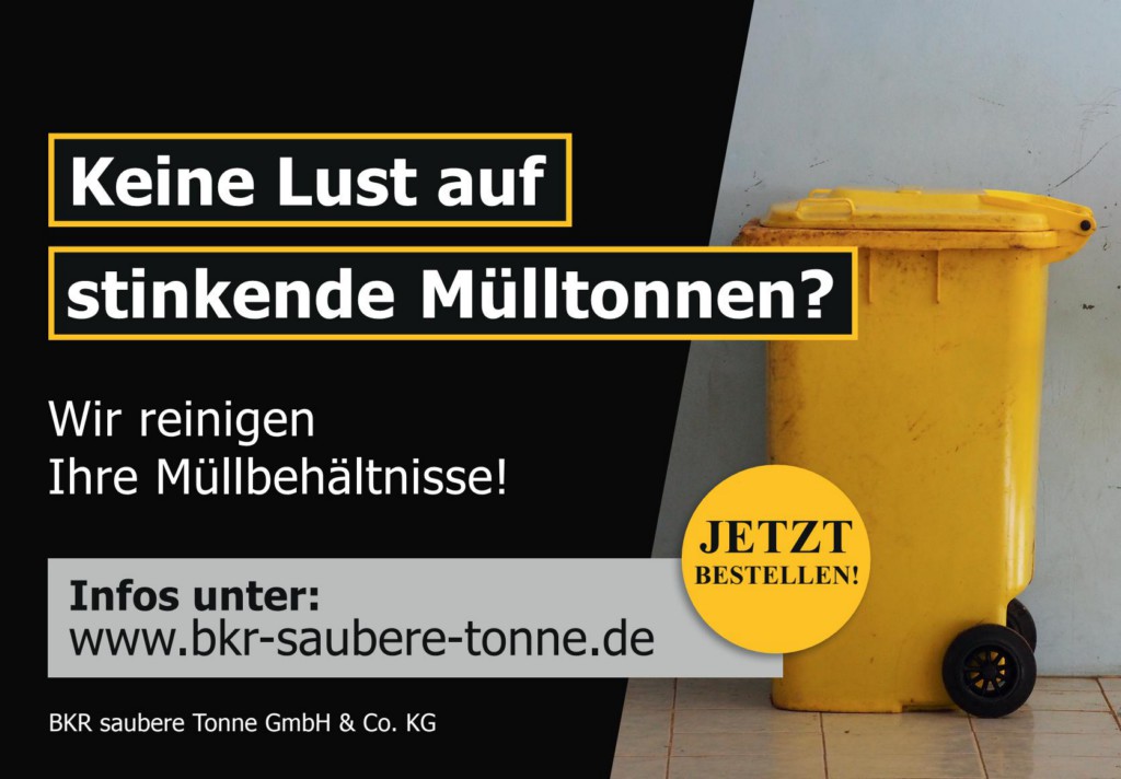Plakat wirbt für die professionelle Reinigung von Mülltonnen.