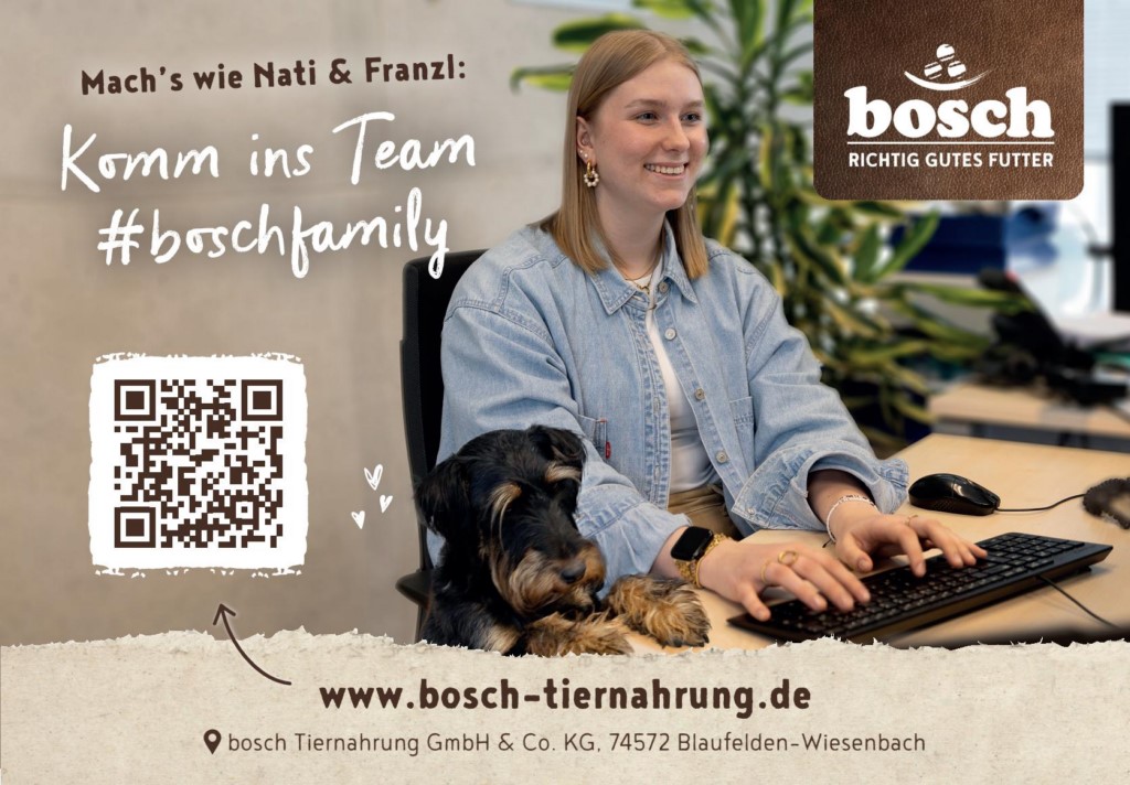 Ein Recruiting-Plakatmotiv mit einer jungen Frau und einem Hund im Büro. Die Anzeige lädt zur Bewerbung bei Bosch Tiernahrung ein.