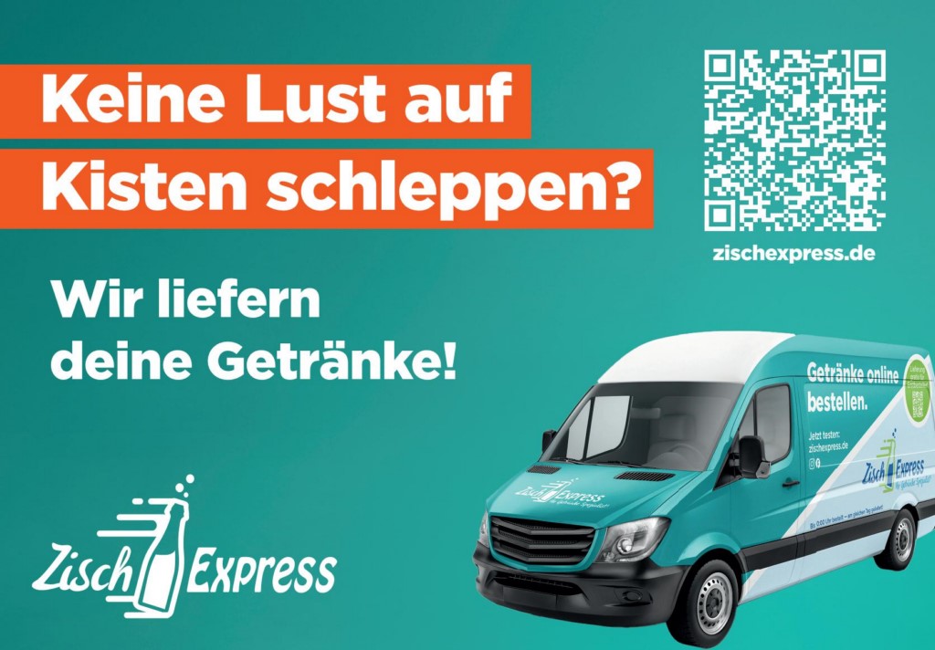 Plakatmotiv: Ein Getränke-Lieferdienst wirbt mit dem Slogan „Keine Lust auf Kisten schleppen?“ für bequeme Online-Bestellungen mit direkter Lieferung.
