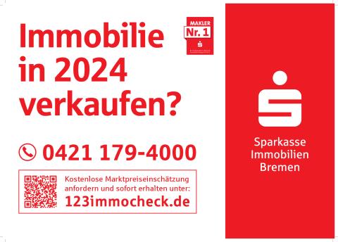 plakat-verkauft.de_banken_sparkasse Plakatmotiv der Sparkasse Immobilien Bremen mit Hinweis auf kostenlose Immobilienbewertung für einen Verkauf im Jahr 2024. QR-Code und Kontaktinfo enthalten.