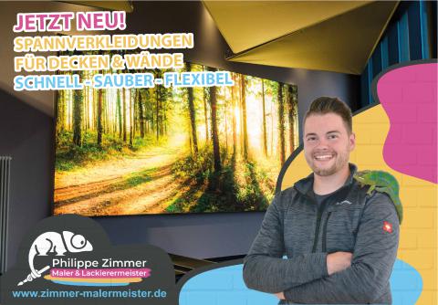 plakat-verkauft.de_handwerk_philippe-zimmer Plakatmotiv des Malermeisters Philippe Zimmer mit Werbung für neue Spanndecken- und Wandverkleidungen. Abgebildet ist ein moderner Wohnraum mit besonderer Deckengestaltung.