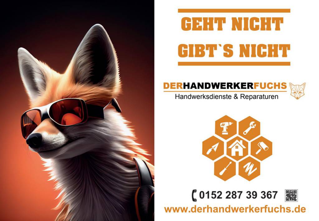 plakat-verkauft.de_handwerk_fuchs Plakatmotiv von Der Handwerkerfuchs mit Slogan 'Geht nicht gibt’s nicht'. Fuchs mit Sonnenbrille links, Kontaktinformationen und Werkzeugsymbole rechts.