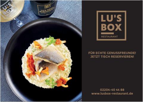 plakat-verkauft.de_restaurant_lus-box Plakatmotiv des Restaurants LU’S BOX mit edlem Fischgericht auf Risotto. Slogan: 'Für echte Genussfreunde'. Aufruf zur Tischreservierung mit Kontaktdaten.