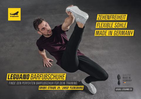 Plakatmotiv für Außenwerbung von Leguano Barfußschuhe Flensburg