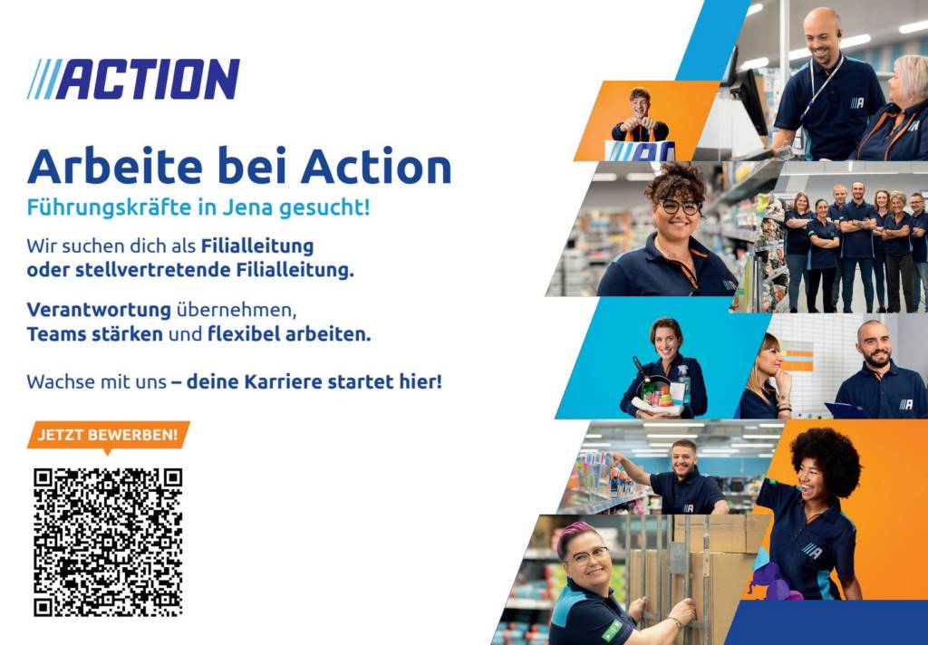 Das Plakatmotiv von Action wird für HR-Zwecke genutzt. Der Titel lautet: "Arbeite bei Action. Führungskräfte in Jena gesucht!" Rechts sind verschiedenste Fotos von Mitarbeitern zu sehen.