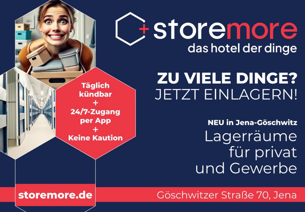 Das Plakatmotiv von storemore zeigt die Aufschrift: "Zu viele Dinge? Jetzt einlagern!" Die Firma bewirbt Lagerräume für privat und Gewerbe.
