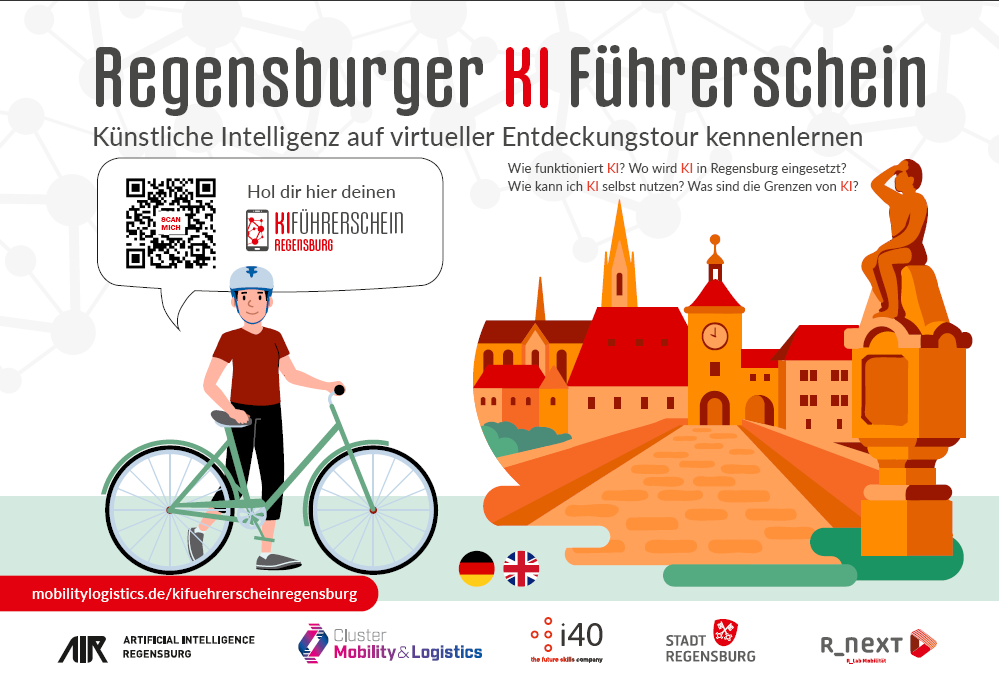 Das Plakatmotiv zeigt eine animierten Fahradfarher und die Regensburger Brücke. Der Titel lautet: "Regensburger KI Führerschein. Künstliche Intelligenz auf virtueller Entdeckungstour kennenlernen"
