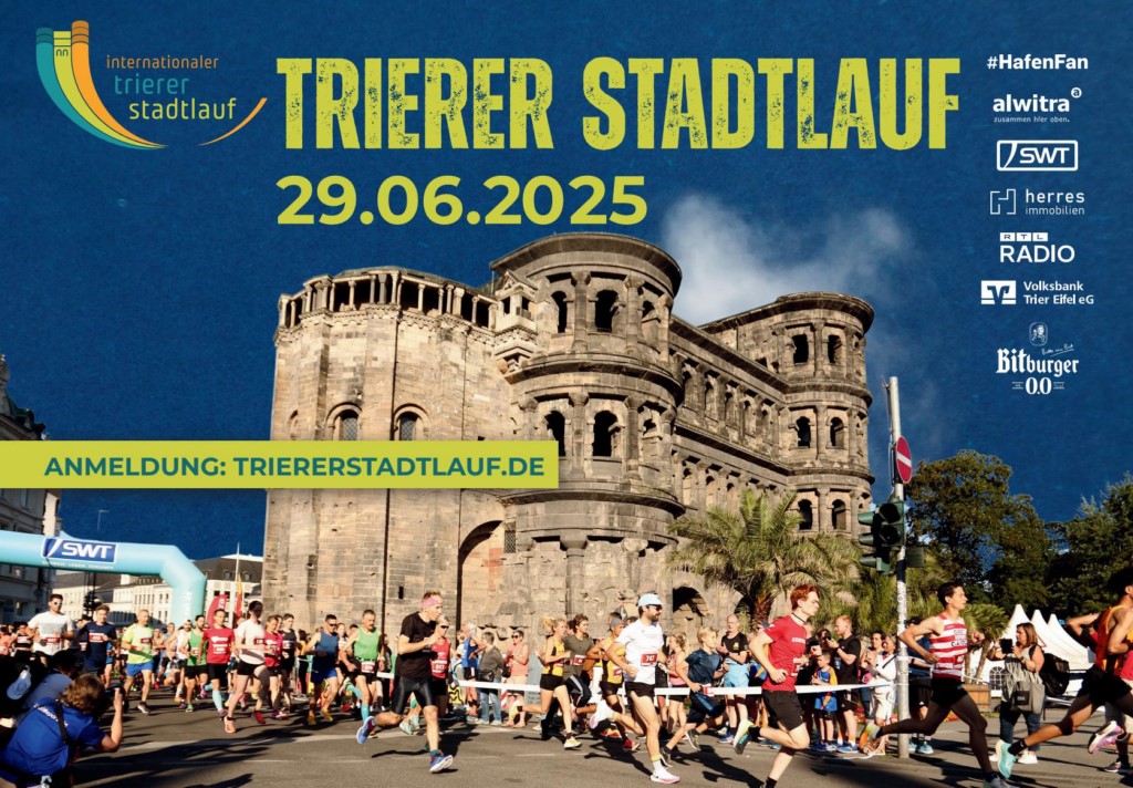 Plakatmotiv: Läuferinnen und Läufer bei sonnigem Wetter in der Trierer Innenstadt. Auf dem Plakat stehen der Termin für den Stadtlauf am 29.06.2025 und die URL für die Anmeldung.