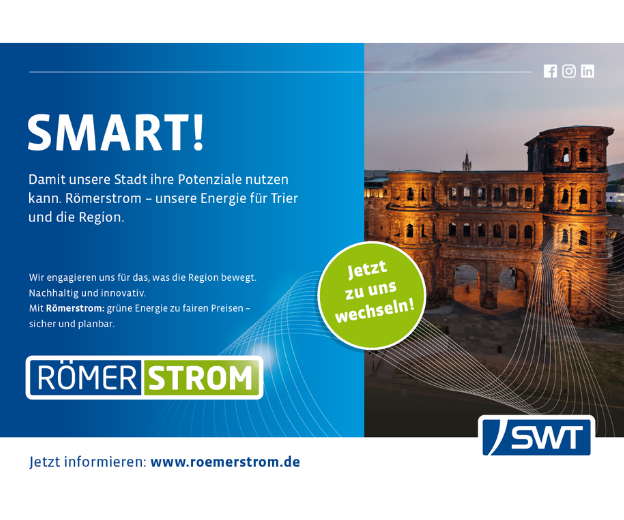 Das Plakatmotiv von SWT Trier zeigt rechts die Porta Nigra in Trier und links die Aufschrift: "SMART! Jetzt zu uns wechseln! Römerstrom."