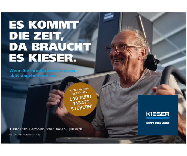 Plakatmotiv von Friedmann Immobilien: Das Motiv zeigt einen alten Mann mit Brille und weißem Haar im Fitness Studio. Links die Aufschrift: " Es kommt die Zeit, da braucht es Kieser."