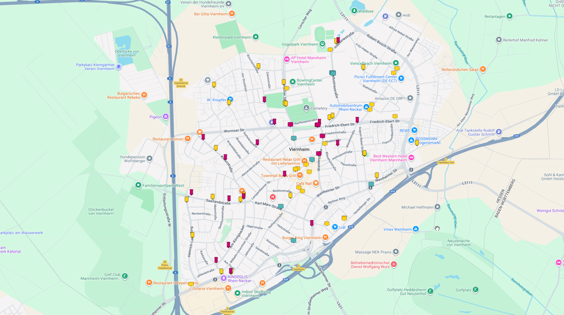 Stadt Viernheim auf der Buchungskarte von Plakat-verkauft.de zur Auswahl von Außenwerbeflächen.